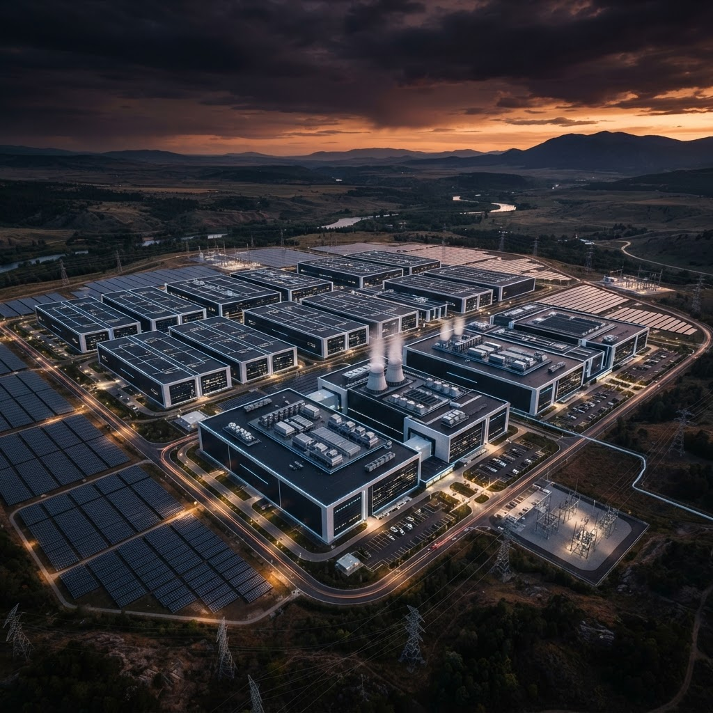 Aerial view of a sovereign AI gigafactory campus at dusk